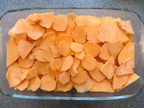 Ovenschotel met pompoen en zoete aardappel